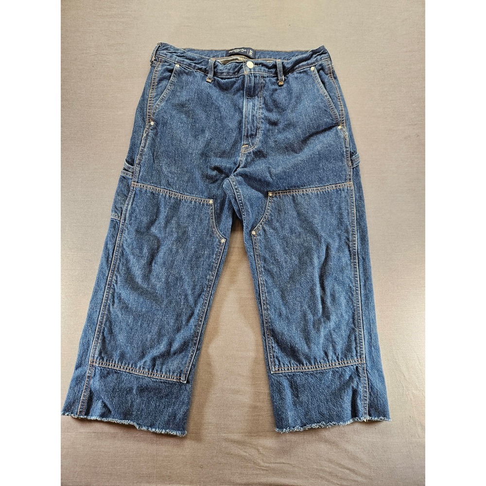 Abercrombie & Fitch Mens Baggy Double Knee Carpenter Jeans Blue Raw Hem 34x30